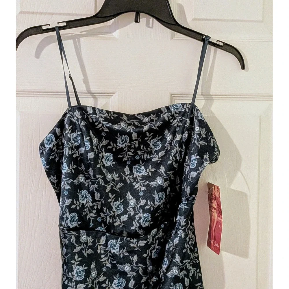 Emerald Sundae Blue‎ Floral Ruched Mini Dress Spaghetti Strap Square Neck M NWT